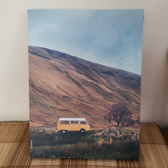 9 x 12 canvas art framed MOUNTAINS HIKE NATURE VW BUS camper - Picture 1 of 2